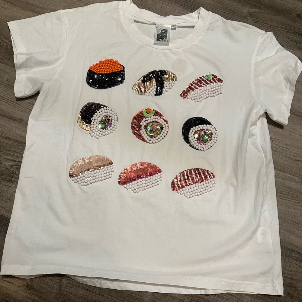 Rare QUEEN OF SPARKLES White Short Sleeve Tee with Multicolor Sequin Sushi Motif